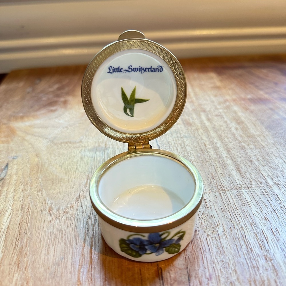 Vintage Little Switzerland Porcelain Trinket Box | Blue Violets | Gold Trim